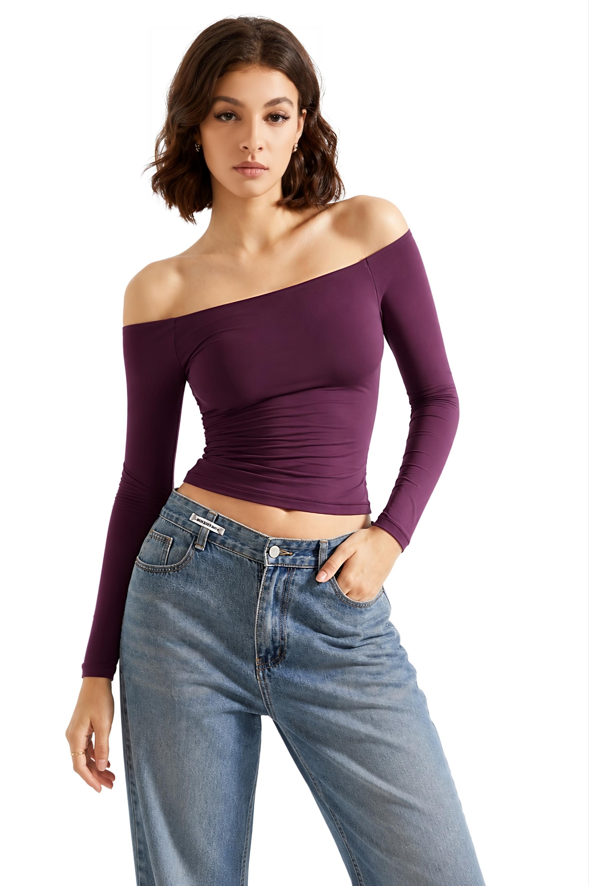 Women’s Off Shoulder Long Sleeve Top – Double Lined Slim Fit Y2K Going Out Shirt, Stretchy Ruched Basic Tee for Casual & Date Night