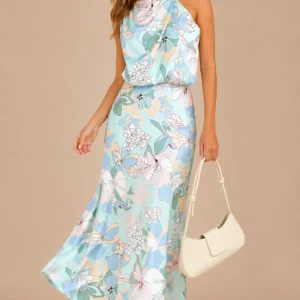 Summer Satin Dress Elegant Sleeveless Mock Neck Cocktail Party Maxi Dresses
