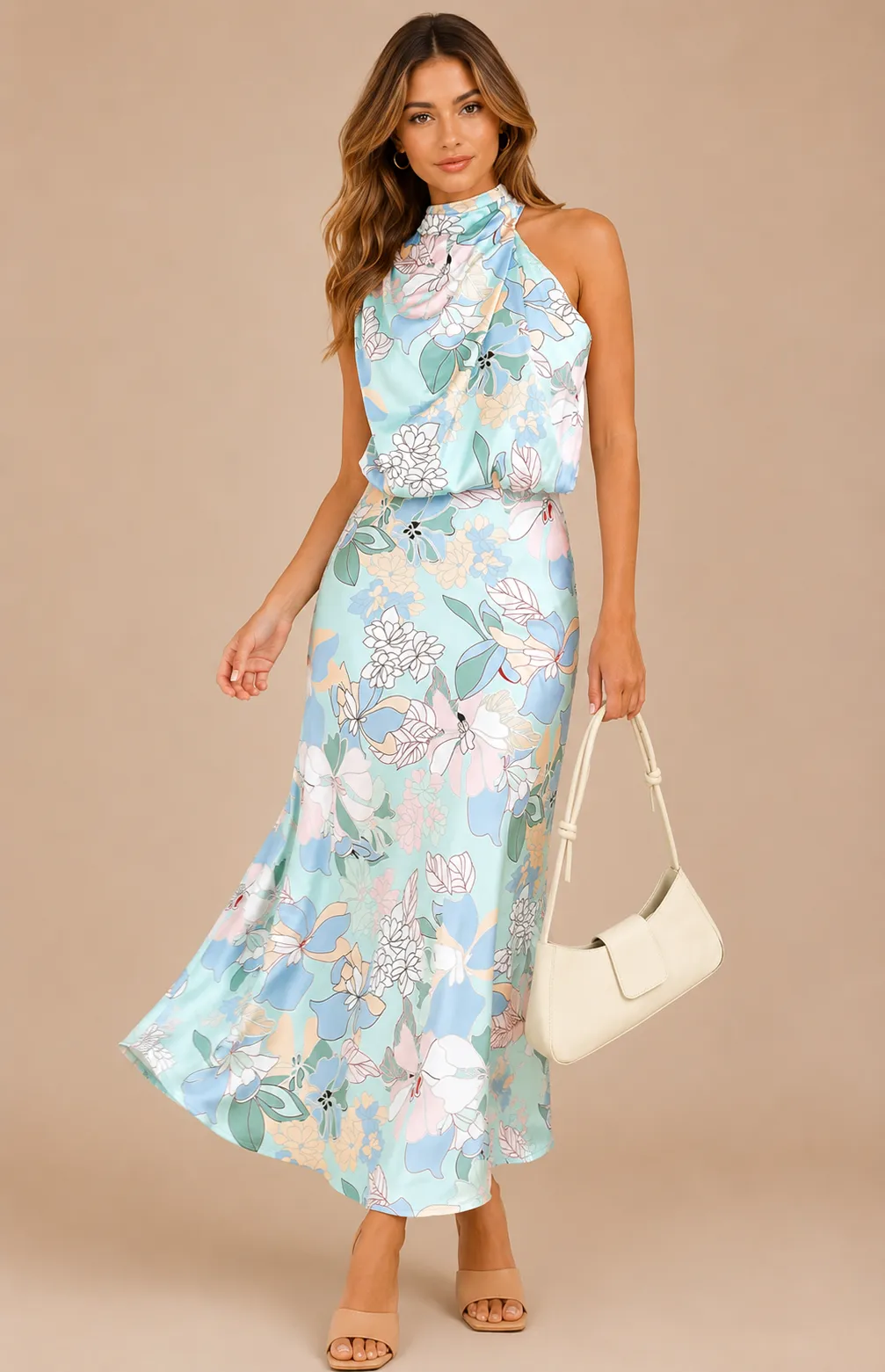 Summer Satin Dress Elegant Sleeveless Mock Neck Cocktail Party Maxi Dresses