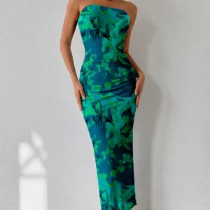Summer Wedding Guest Dress Strapless Tube Top Maxi Bodycon Long Floral Mesh Beach Vacation Party Dresses