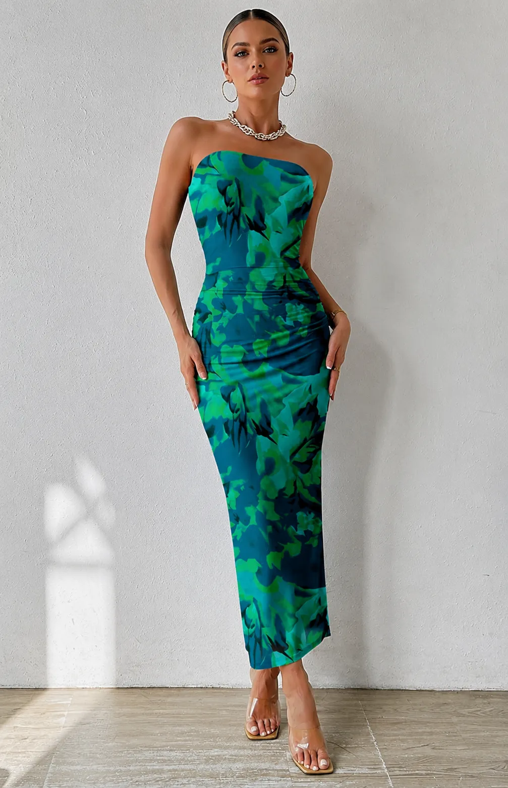 Summer Wedding Guest Dress Strapless Tube Top Maxi Bodycon Long Floral Mesh Beach Vacation Party Dresses