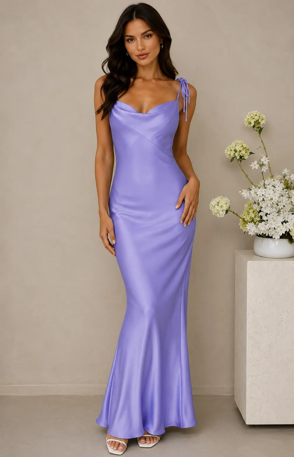 Satin Cowl Neck Spaghetti Strap Slip Maxi Dress for Women Tie Strap Dresses with Slit