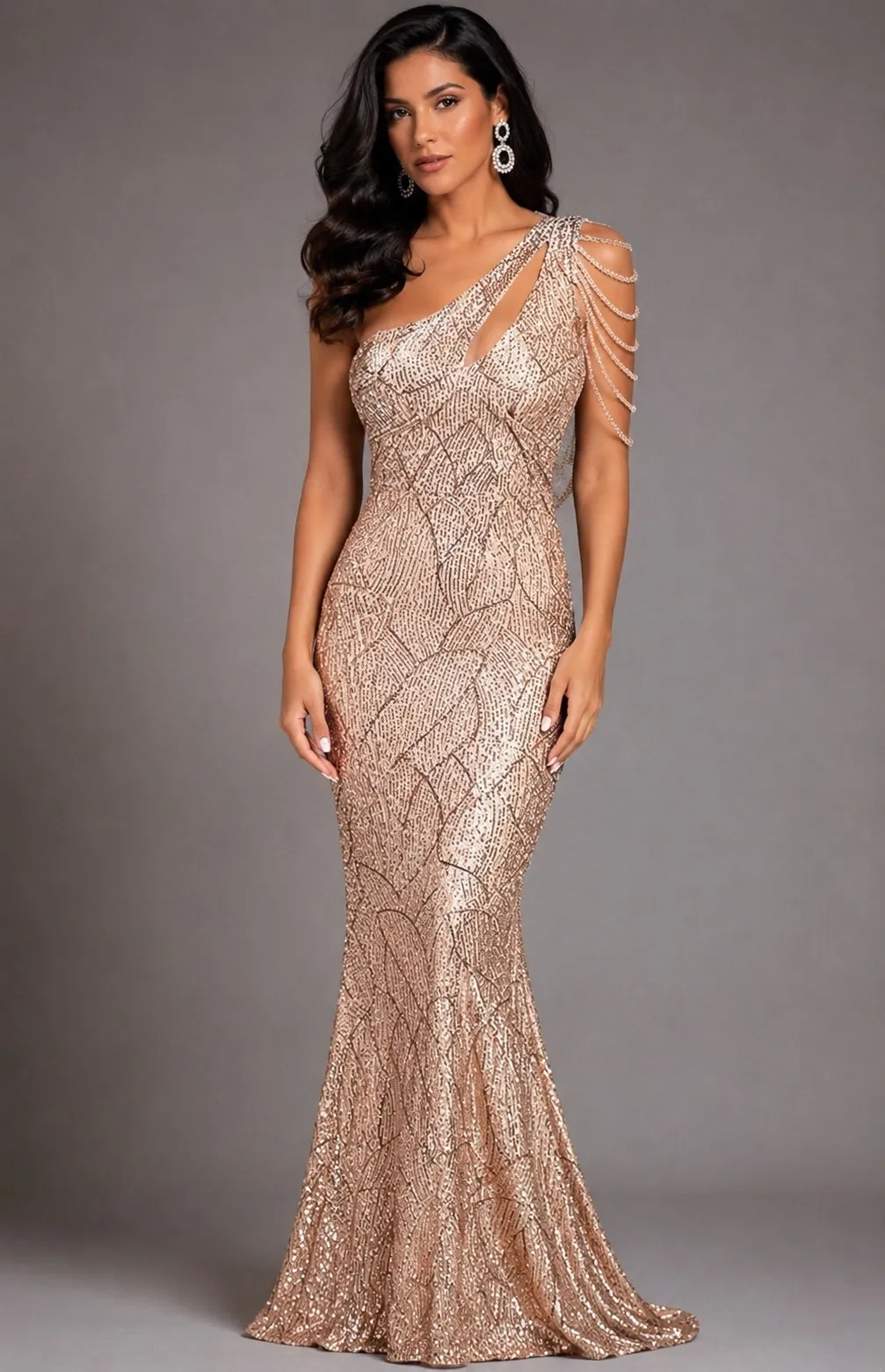 Women One Shoulder 1920s Plus Size Formal Dress Tassels Sleeve Sequins Gatsby Maxi Evening Gown