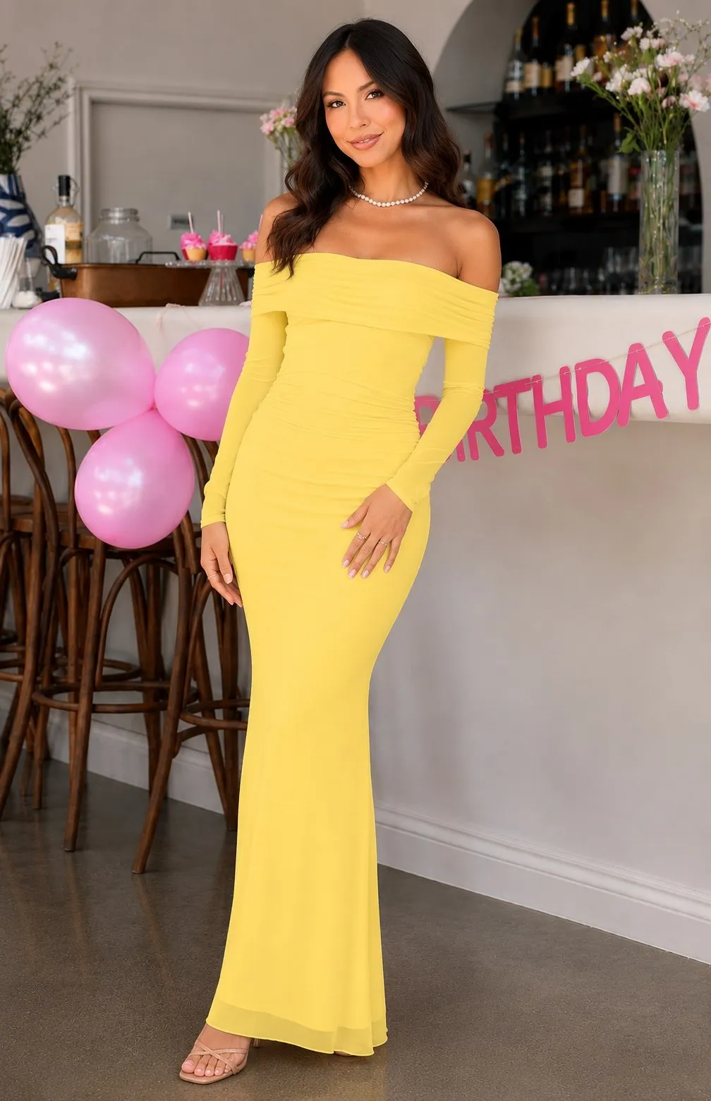 Yellow Off The Shoulder Bodycon Long Sleeve Maxi Dress