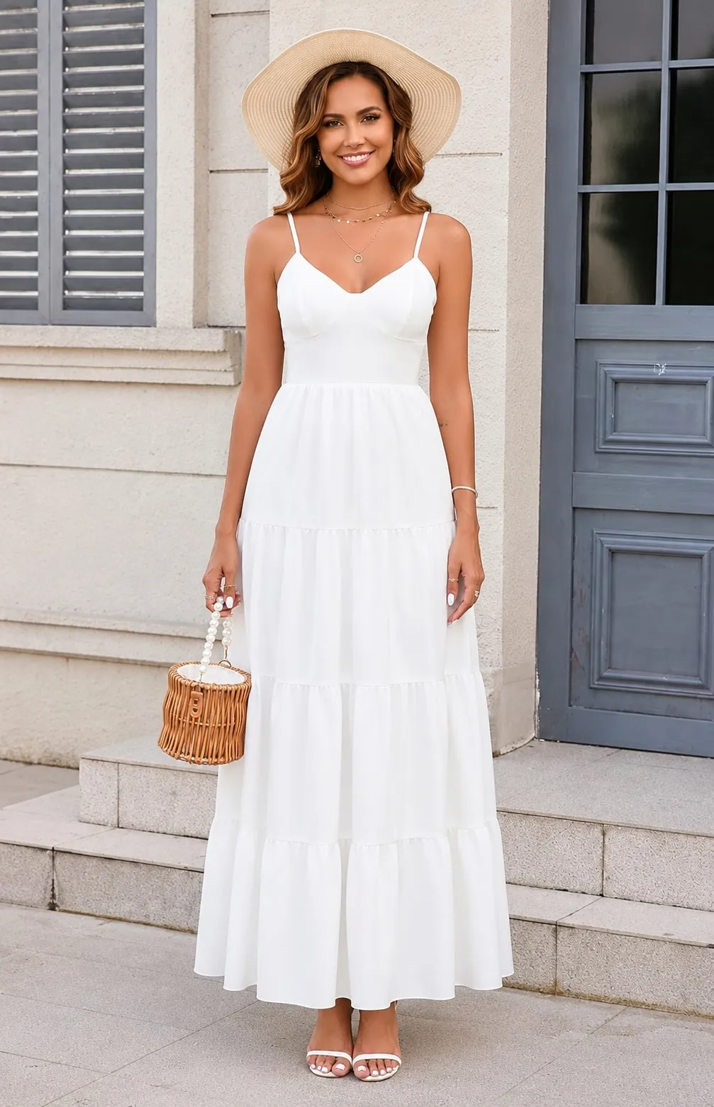 Women's White V-Neck Backless Maxi Dress