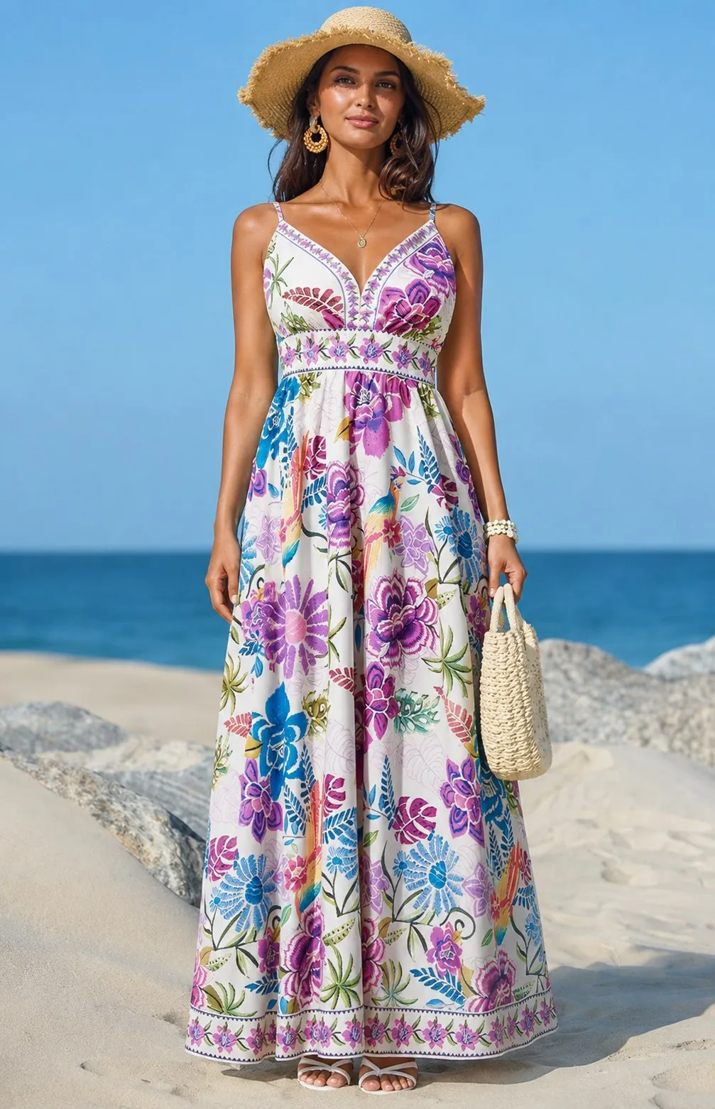 Women's Floral V-Neck Flowy Maxi Dress