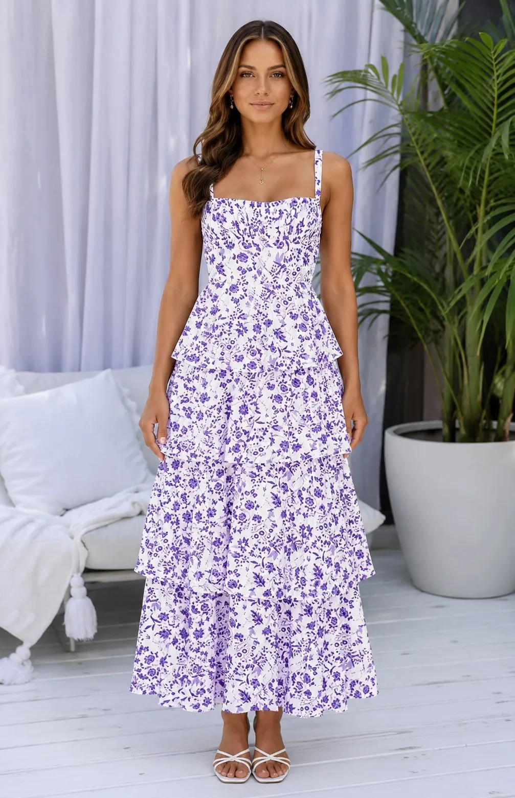 Women's Floral Spaghetti Strap Tiered Maxi Dress