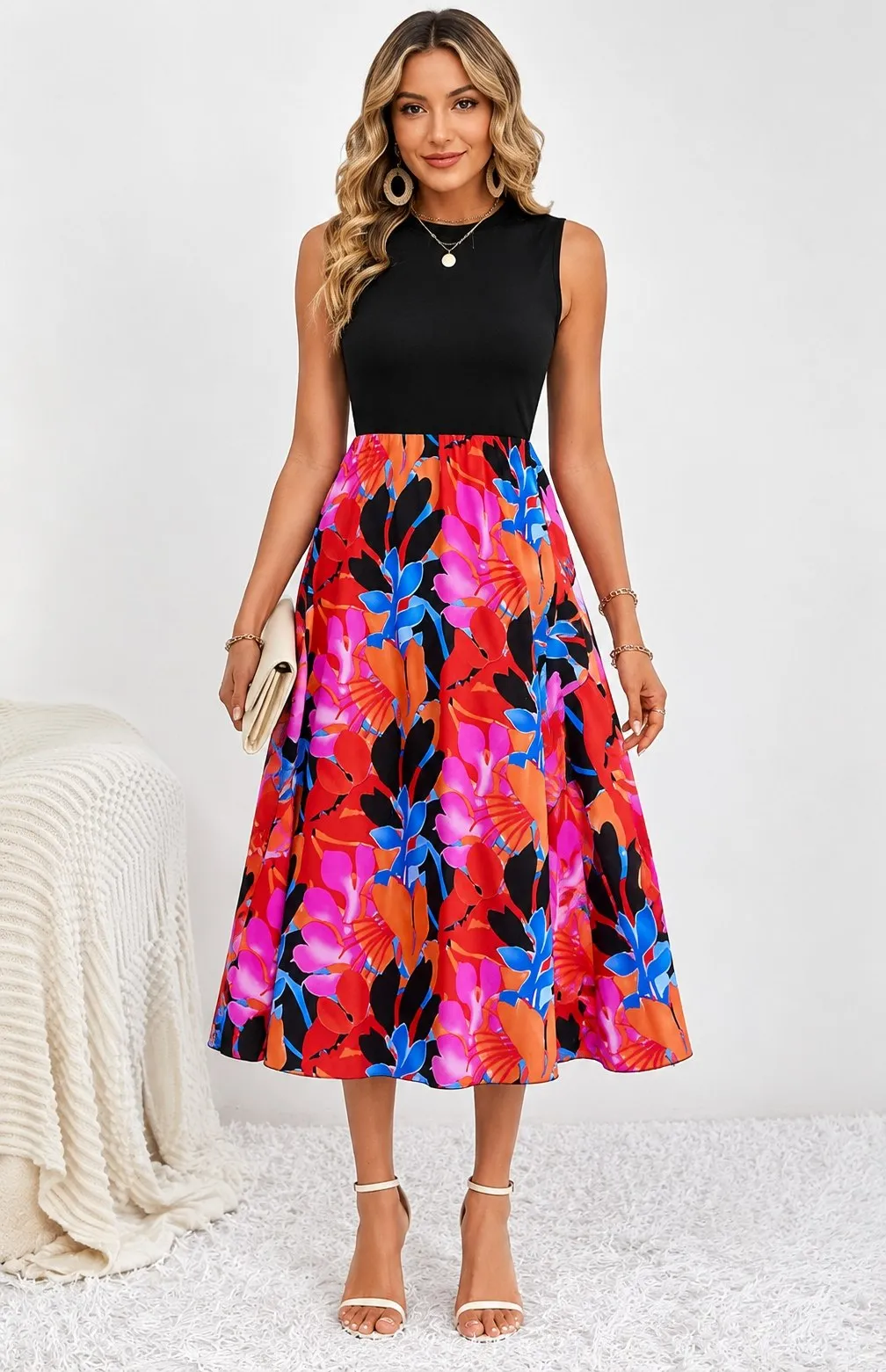 Women's Floral Sleeveless Boho Midi Dress