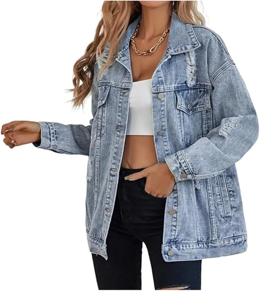 long oversized denim jacket boyfriend ripped distressed jean jackets coat