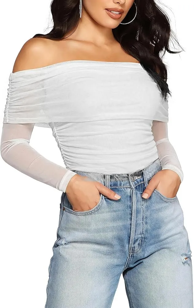 Women's Off The Shoulder Long Sleeve Bodysuit Sexy Slimming Body Suit Tops Sheer Mesh Ruched Fall Outfits 2026