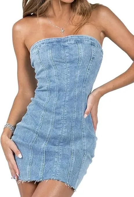 Women's Sexy Jeans Denim Strapless Dresses Bodycon Corset Tube Mini Dress