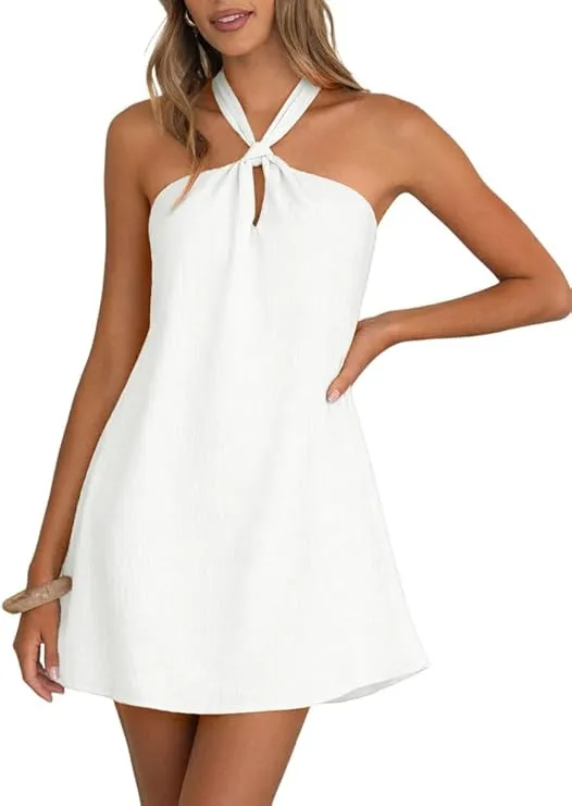 Women's Halter Neck Mini Dress Sleeveless Boho Flowy A-Line Beach Vacation Sundress
