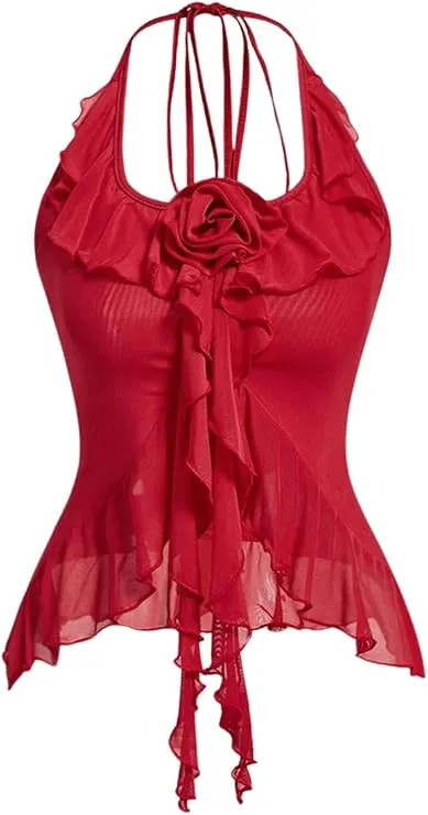 Women's Fringe Flower Halter Tops Ruffle Mesh Asymmetrical Bow Sleeveless Open Back Going Out Concert Tops