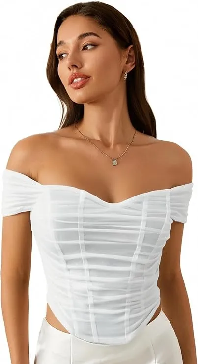 Women's Off Shoulder Short Sleeve Asymmetrical Hem Ruched Corset Crop Top