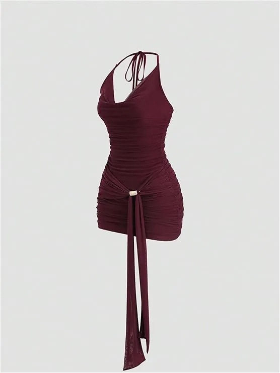 Women's Going Out Y2K Sexy Halter Dress Sleeveless Draped Ruched Side Tie Front Backless Party Mini Dresses
