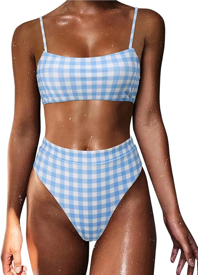 Women High Wasited Bikini Shoulder Strap 2 Piece High Cut String Swimsuits