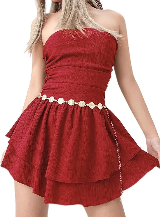 Women's Summer Mini Dress Sleeveless Strapless Ruched Ruffle Flowy Short Beach Party Tube Dresses