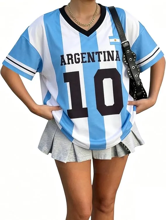 Soccer Cup Shirt Women Oversized Argentina Soccer Jerseys V Neck T Shirts