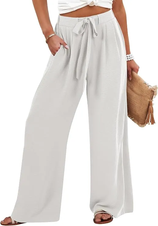 Wide Leg Palazzo Pants for Women Summer High Waist Flowy Loose Casual Lounge Trousers Beach Travel Vacation Clothes