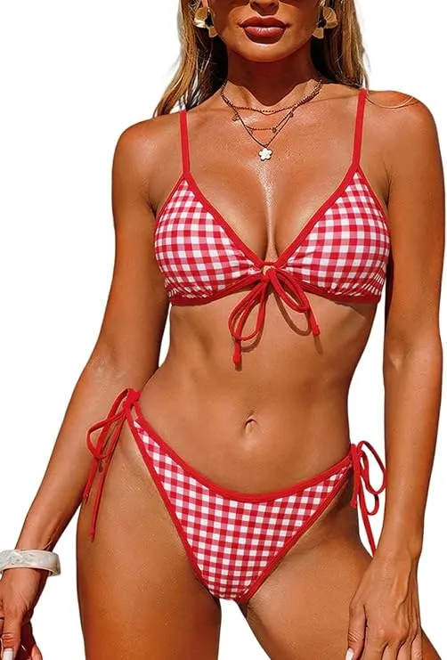 Women's Plaid Bikini Swimsuit Gingham 2 Piece Bathing Suit of Front Tie Push Up Bra High Cut Tie Side Thong 2026 Curvy Bikini