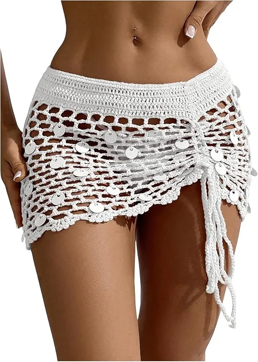 Women's Crochet Bikini Cover Up Sequin Hollow Out Beach Mini Skirt Swimsuit Cover Ups