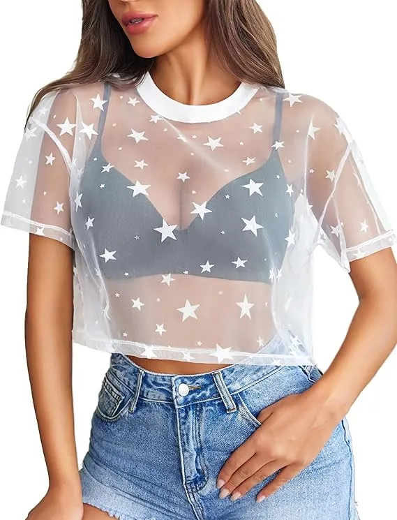 Women's Mesh Tops See Through Shirts Short Sleeve Printed Crop Top Sheer Blouse Clubwear