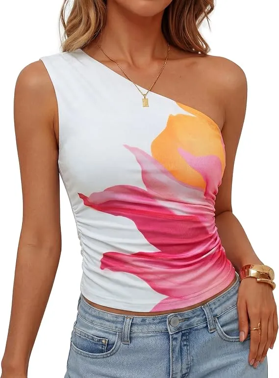 Womens Summer Floral Going Out Tank Tops 2026 Off Shoulder Slim Fit Y2K Crop Mesh Top Beach Vacation Outfits