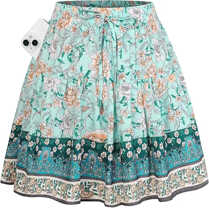 Women's Boho Mini Skort with Pockets, Summer Floral Skirts with Shorts, Beach Vacation Concert Outfits 2026 Trendy