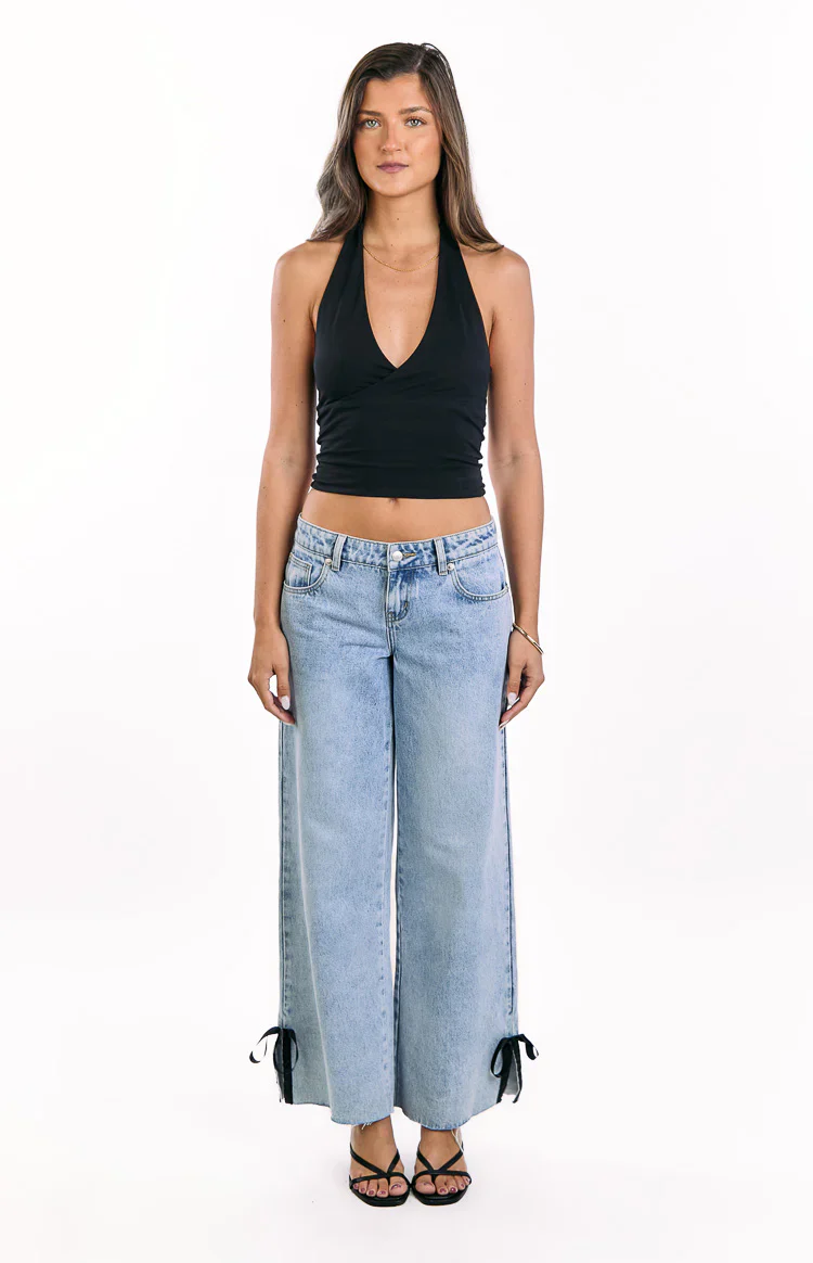 Light Wash Denim Bow Hem Low Rise Jeans