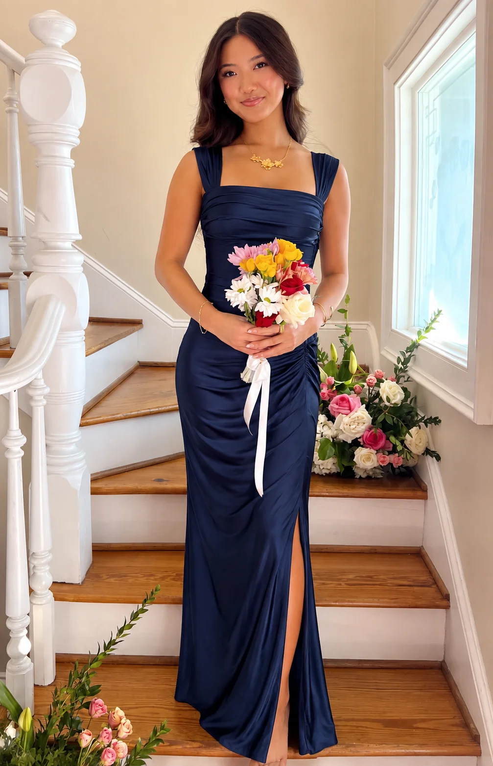 Navy Blue Off Shoulder Shapewear Maxi Dress – Ruched High Slit Formal Cocktail Dress