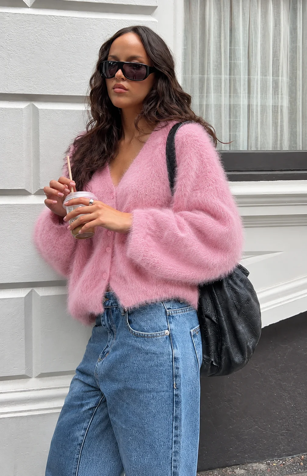 Fuzzy V Neck Button Down Cardigan – Oversized Slouchy Knit Sweater