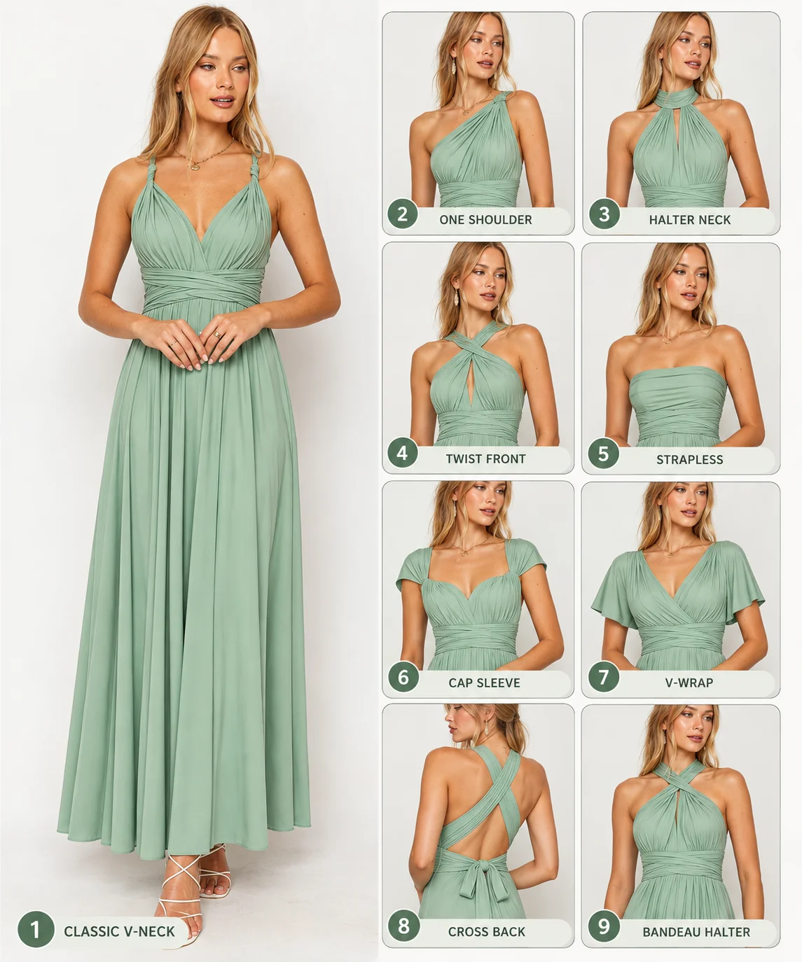 Sage Green Convertible Infinity Maxi Bridesmaid Dress – Multiway Wrap Dress with Bandeau